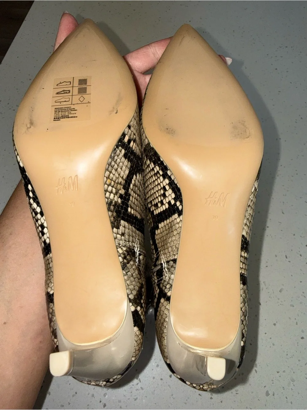 H&M Beige and Black Snake-Print Pointed Ankle Boots
